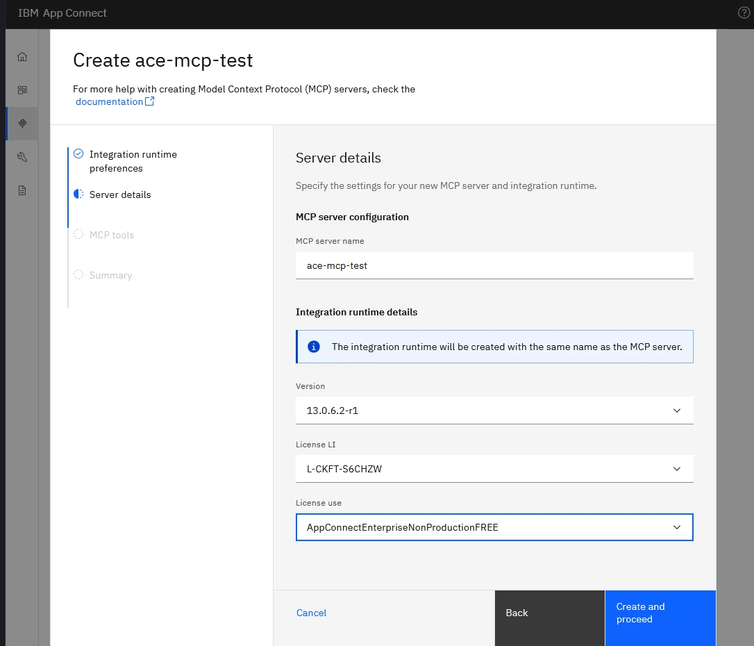 MCP server details form filled in